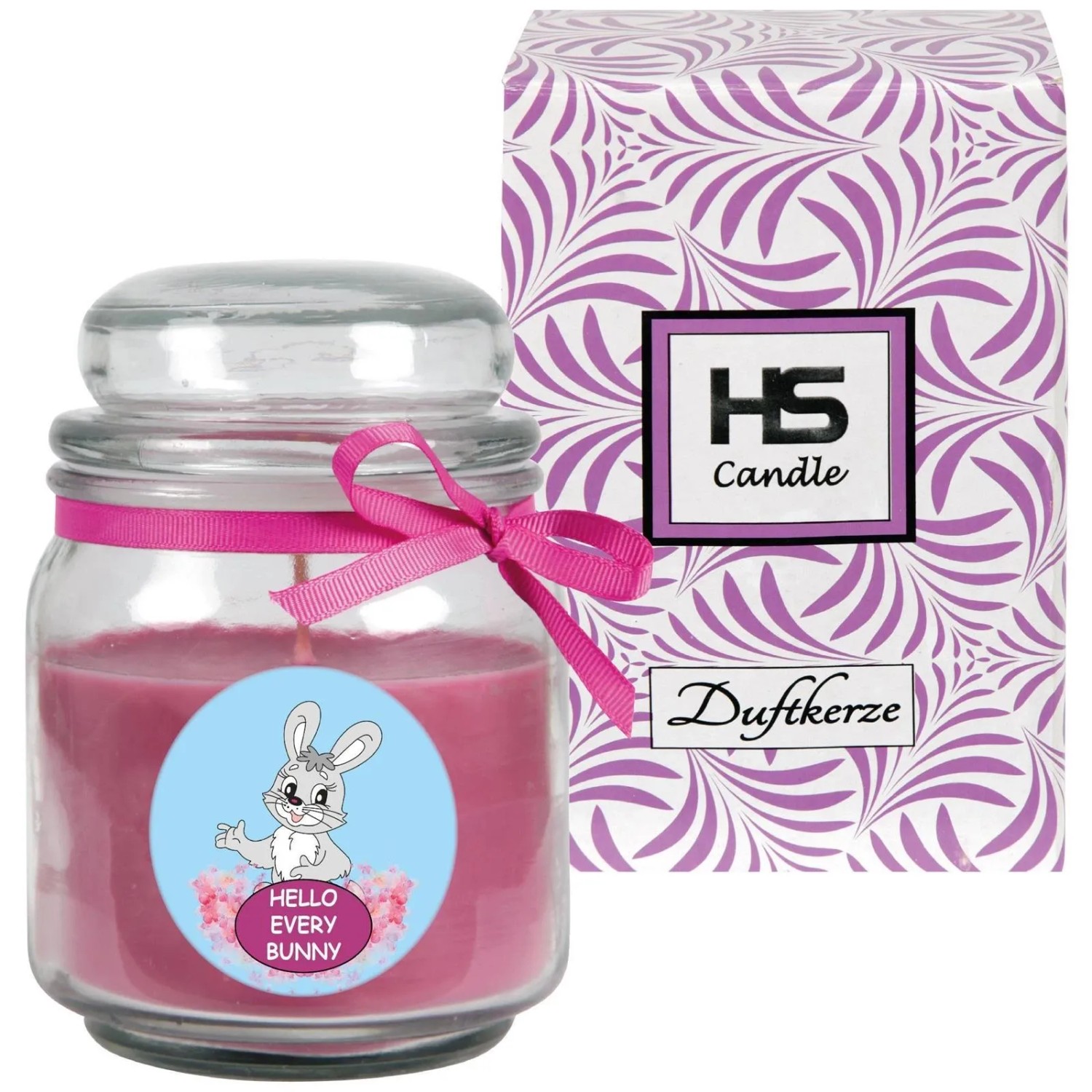 Lila HS Candle Duftkerze im Bonbonglas mit Hasenmotiv und Geschenkbox.