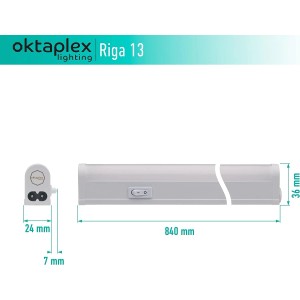Oktaplex Riga LED Unterbauleuchte, 84cm, Warmweiß, mit Schalter und Maßangaben.