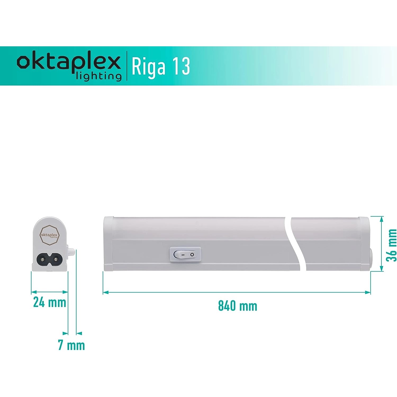 Oktaplex Riga LED Unterbauleuchte, 84cm, Warmweiß, mit Schalter und Maßangaben.