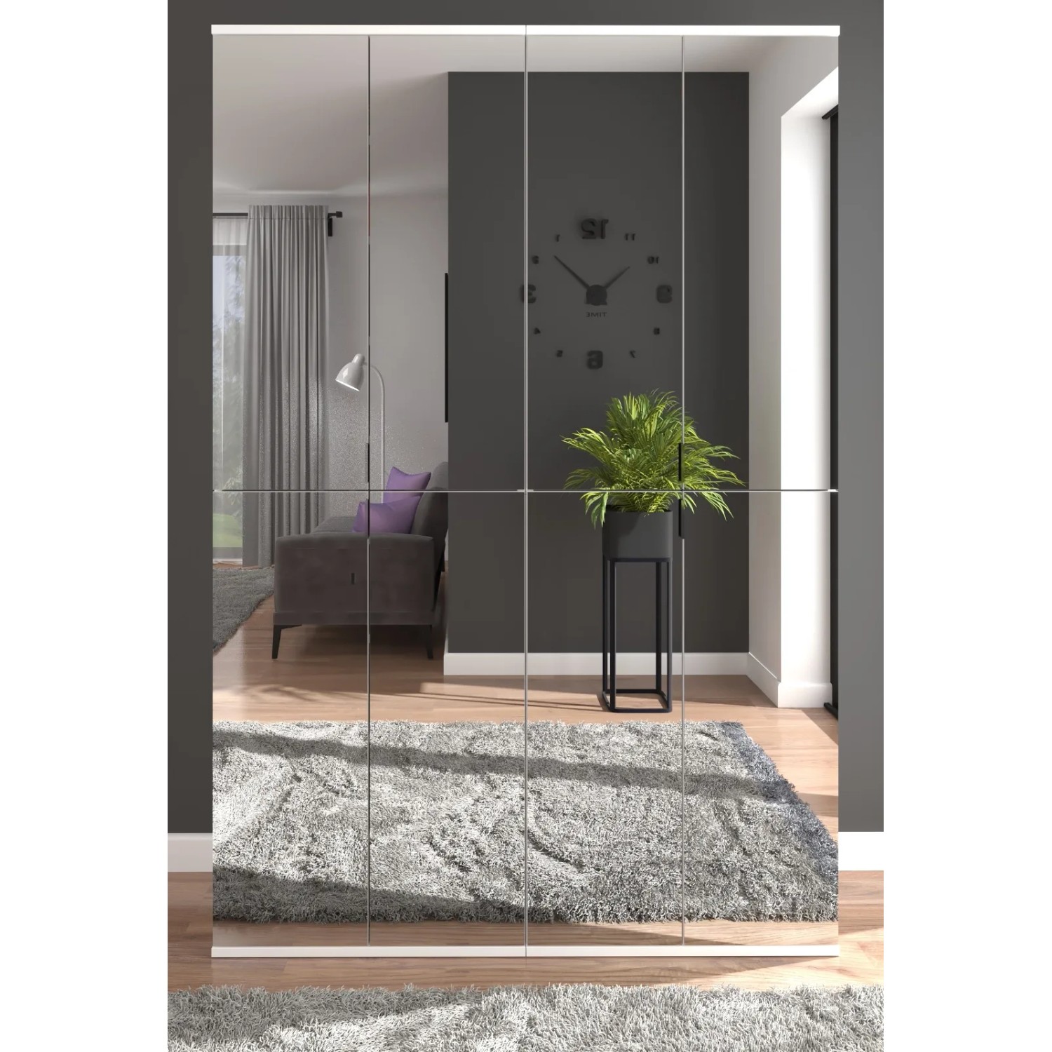 Weißer Schuhschrank SystemX mit 8 Spiegeltüren. Moderne Garderobe mit Spiegelfront, reflektiert Wohnraum.