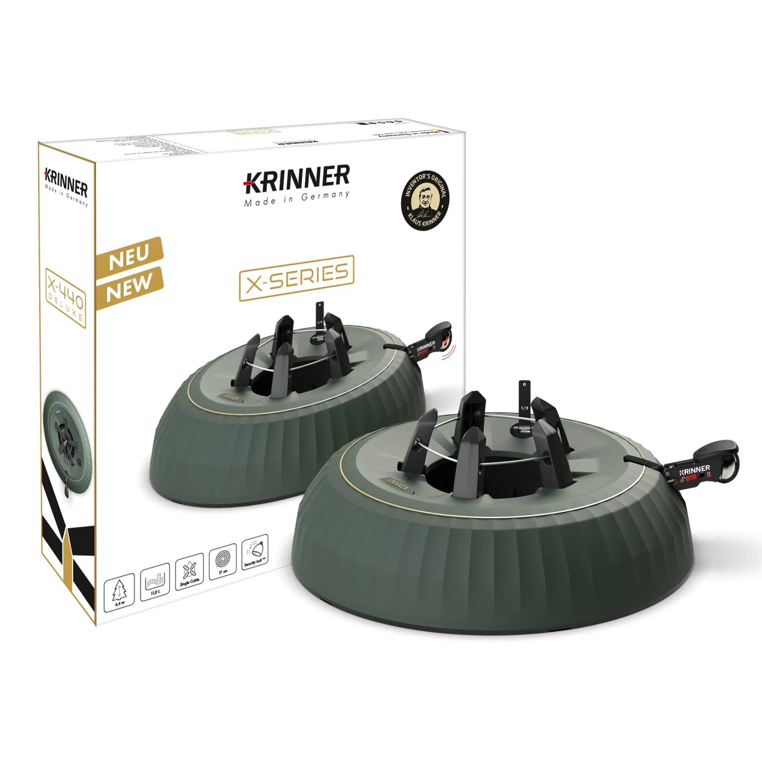 Krinner Christbaumständer X-440 Deluxe, grün, mit Sicherheitsgurt und Wasserstandsanzeige.
