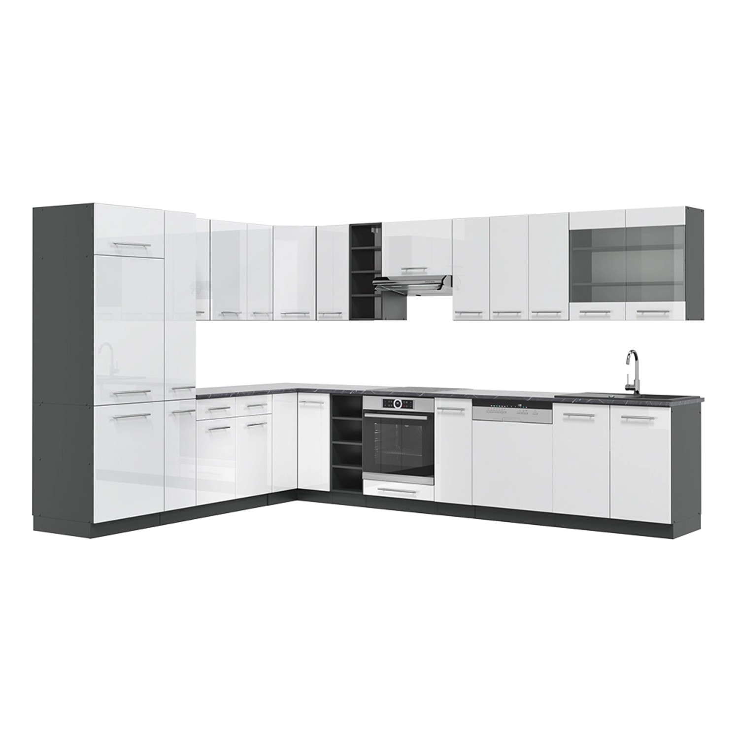 Vicco Fame-Line Eckküche Weiß Hochglanz/Anthrazit 347 x 257 cm ohne Arbeits günstig online kaufen