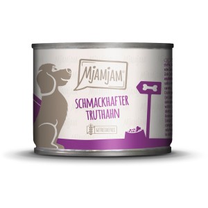Mjamjam Hundenassfutter Schmackhafter Truthahn mit Möhrchen, 200g Dose.