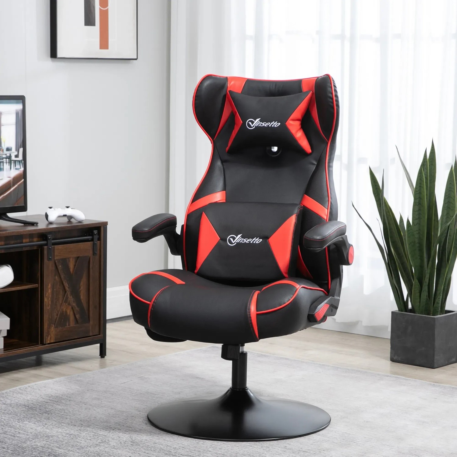 Vinsetto Gaming Stuhl mit Lautsprecher, Wippfunktion und Höhenverstellung in Schwarz und Rot.