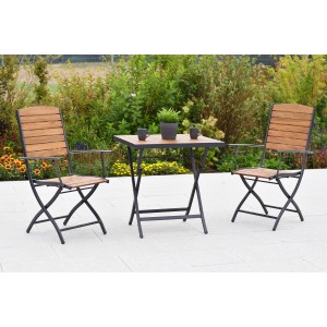 Merxx Santorin Balkonset, 3-teilig: Klapptisch und 2 Klappsessel aus Akazienholz und Aluminium.
