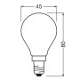 Skizze: Osram LED-Leuchtmittel E14 Tropfenform, Maße 8,4x4,5cm, dimmbar.