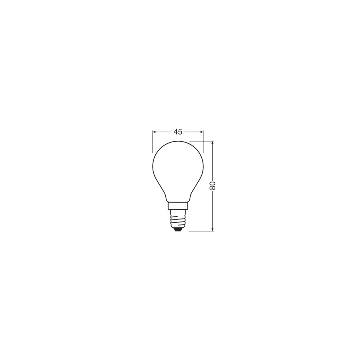 Skizze: Osram LED-Leuchtmittel E14 Tropfenform, Maße 8,4x4,5cm, dimmbar.