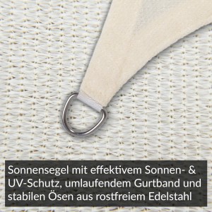 Detailaufnahme: Cremeweißes Toldoro Sonnensegel (5x3m) mit Edelstahl-Öse. Luftdurchlässiges HDPE-Gewebe.
