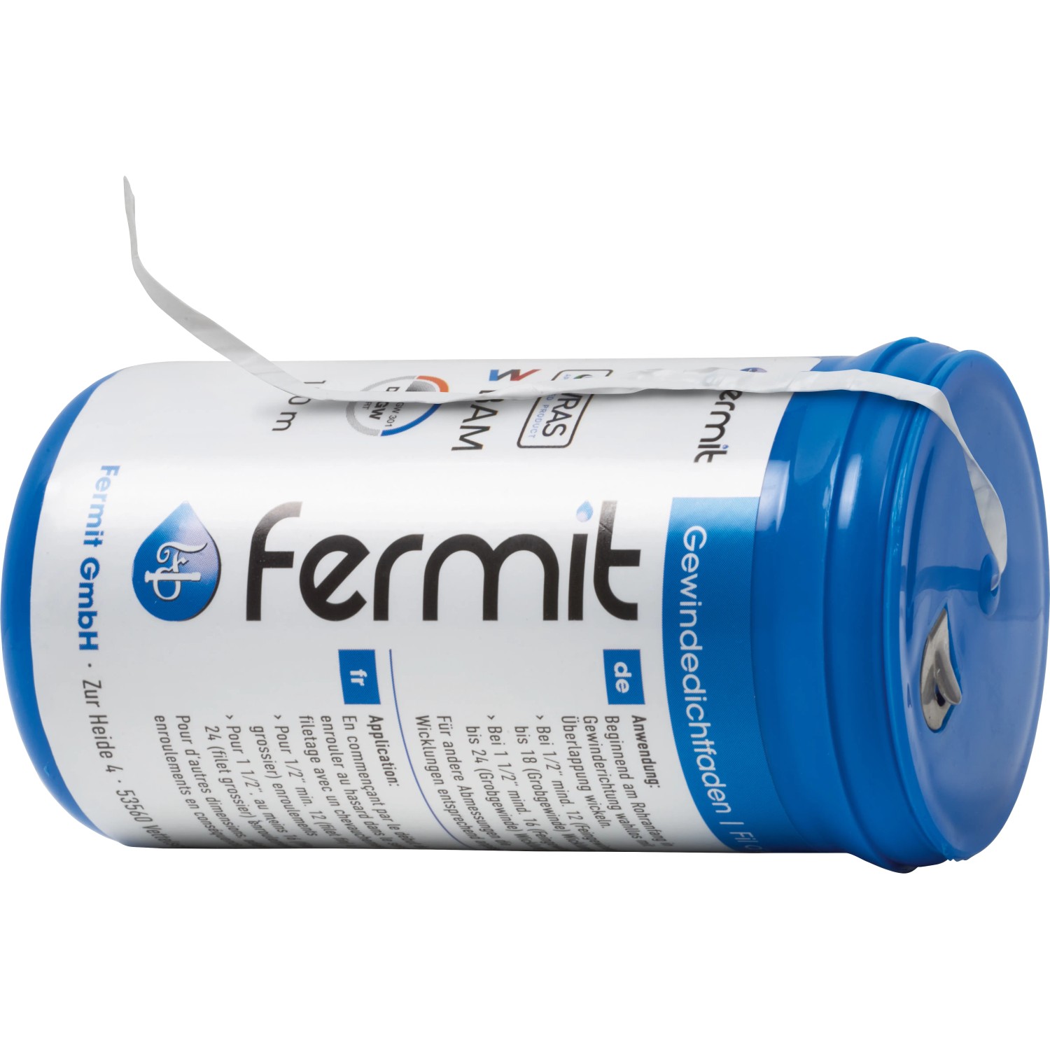 Fermit Gewindedichtfaden PTFE 150 m, blau-weiße Spule für dichte Gewindeverbindungen.