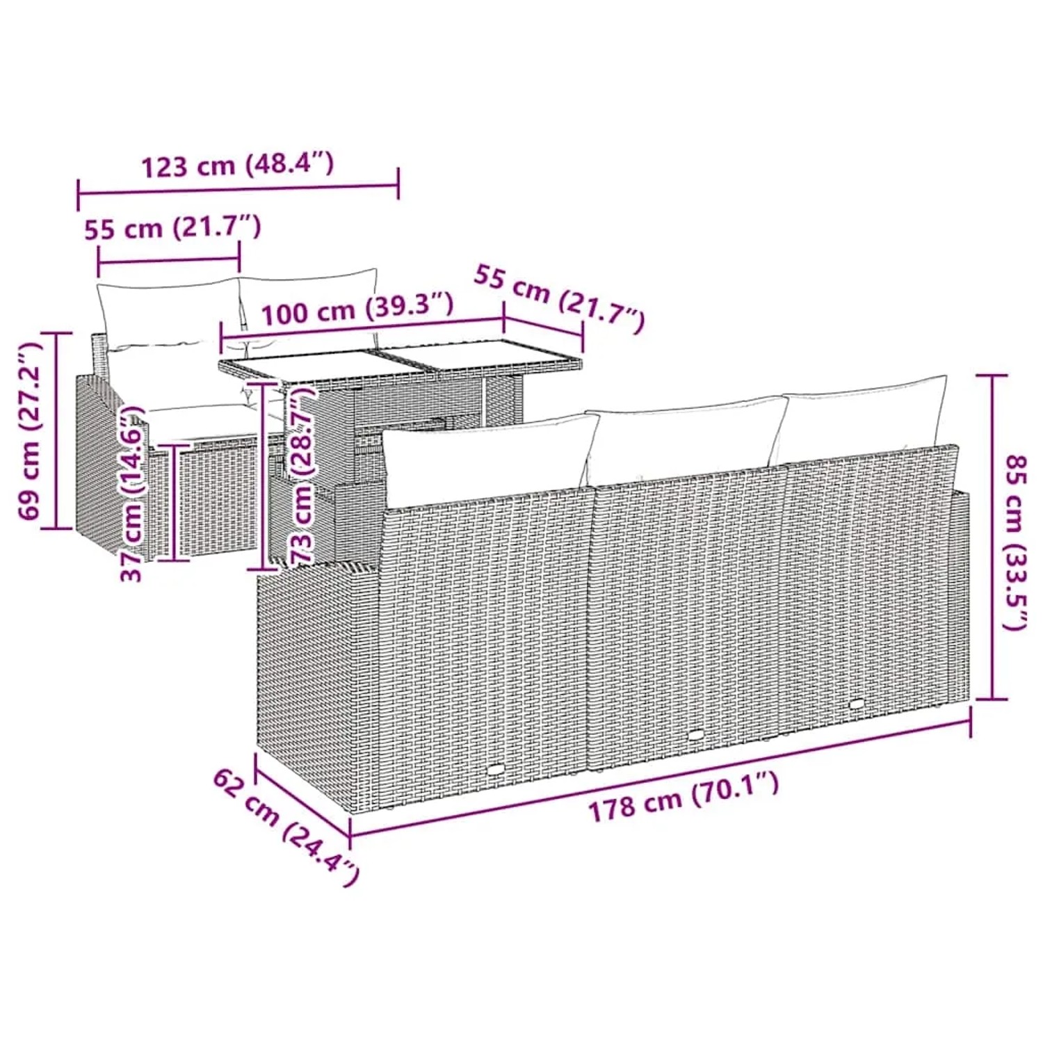 vidaXL Gartenmöbel-Set, 6-teilig, grau, Poly Rattan, mit Maßangaben.