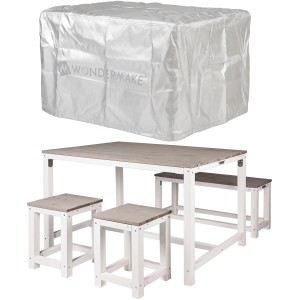 WONDERMAKE Accumbo3 Sitzgruppe mit Tisch, Bank, Hockern und Abdeckung.