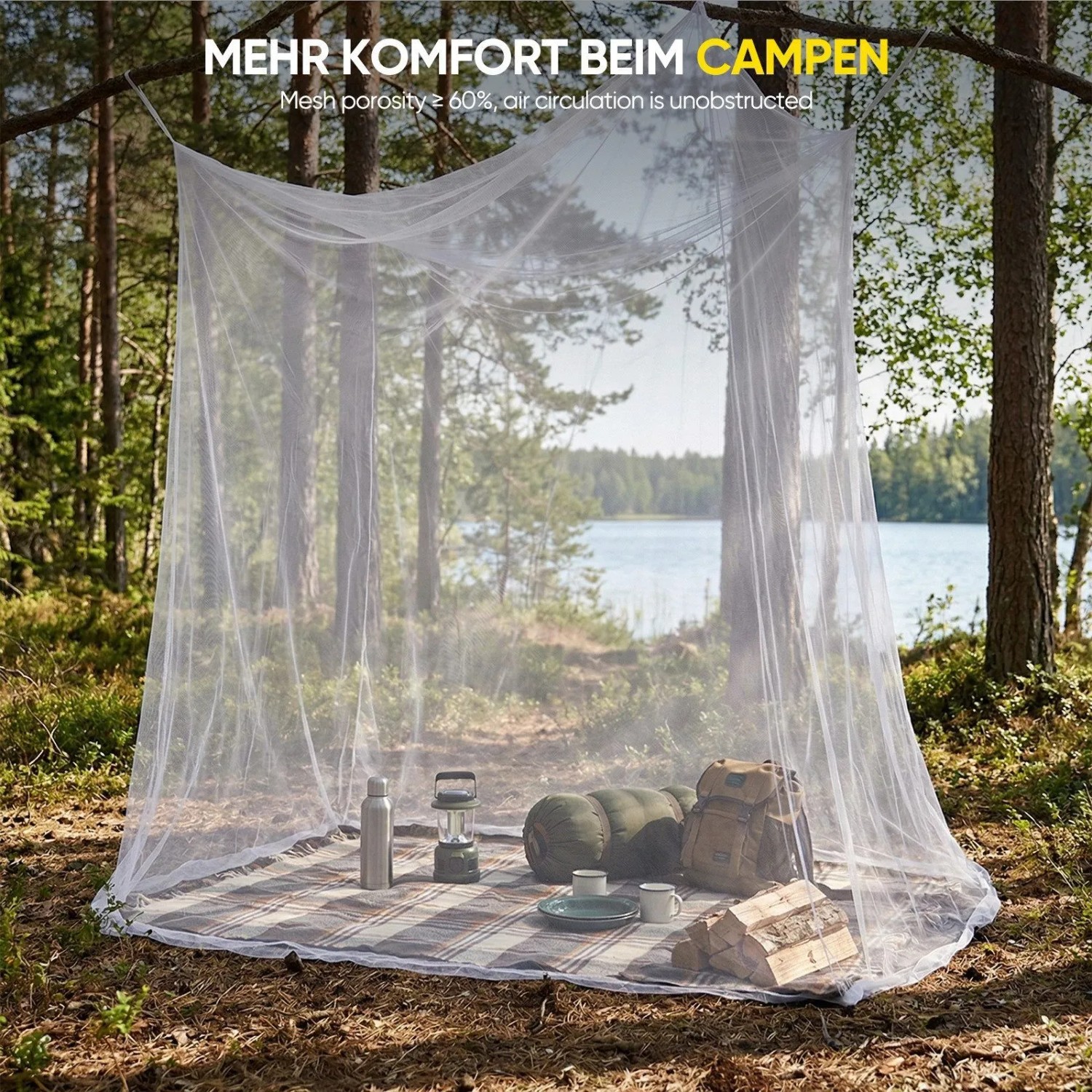 Weißes, rechteckiges Moskitonetz als Insektenschutz beim Camping im Wald am See. Ideal für Einzelbett, Reise & Outdoor.