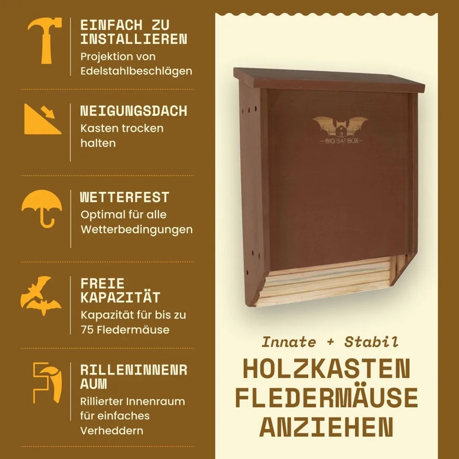 Braunes Fledermaushaus aus Zedernholz für bis zu 75 Fledermäuse zur Mückenbekämpfung.