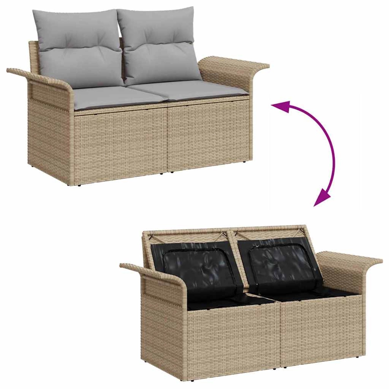 Beiges 7-teiliges vidaXL Garten-Sofa-Set aus Rattan mit Kissen und Stauraum.