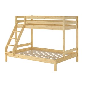 Doppel-Etagenbett aus Kiefer Naturholz mit Leiter und Rollrost. Oben 90x200 cm, unten 140x200 cm für Erwachsene.