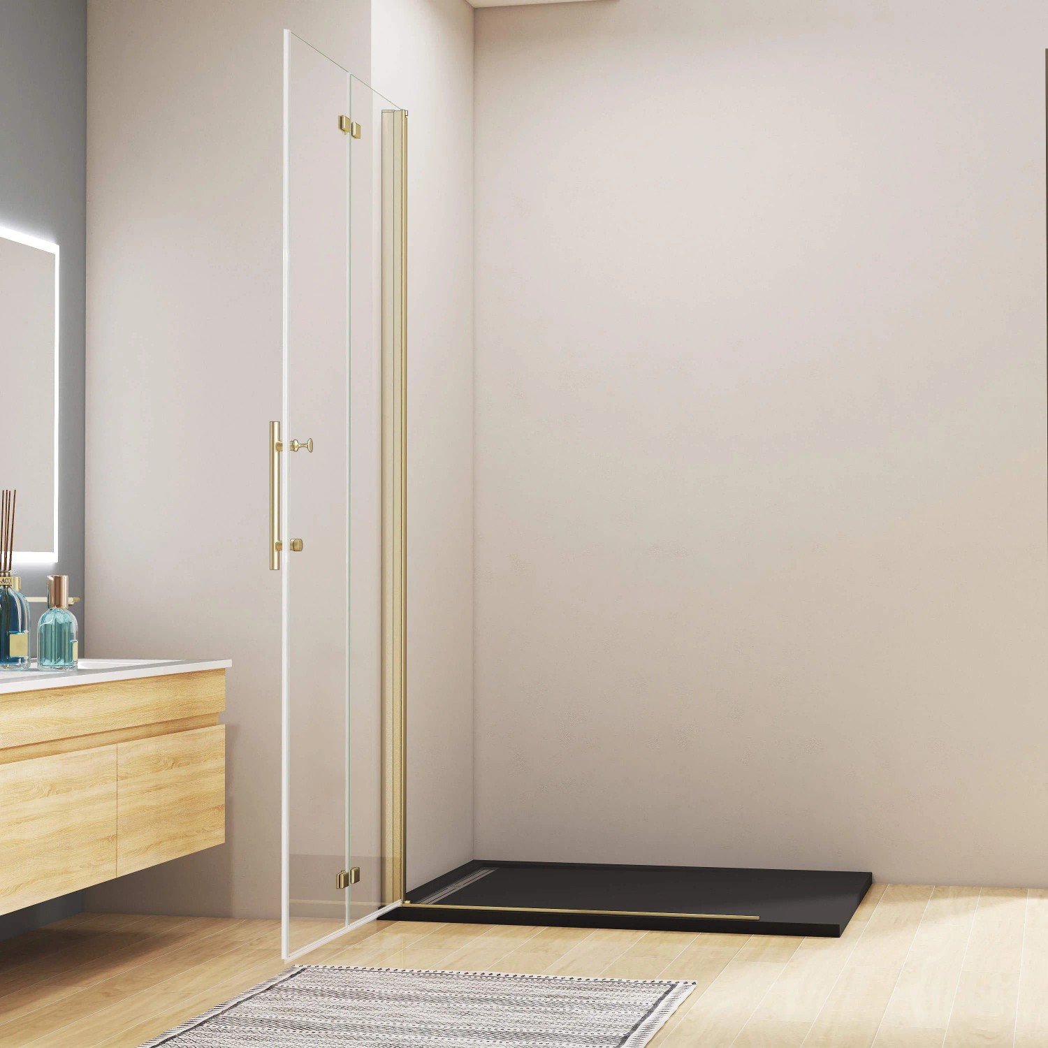 AICA Walk-In Duschwand, 120cm, gold gebürstet, mit Falttür aus Klarglas in Badezimmer.