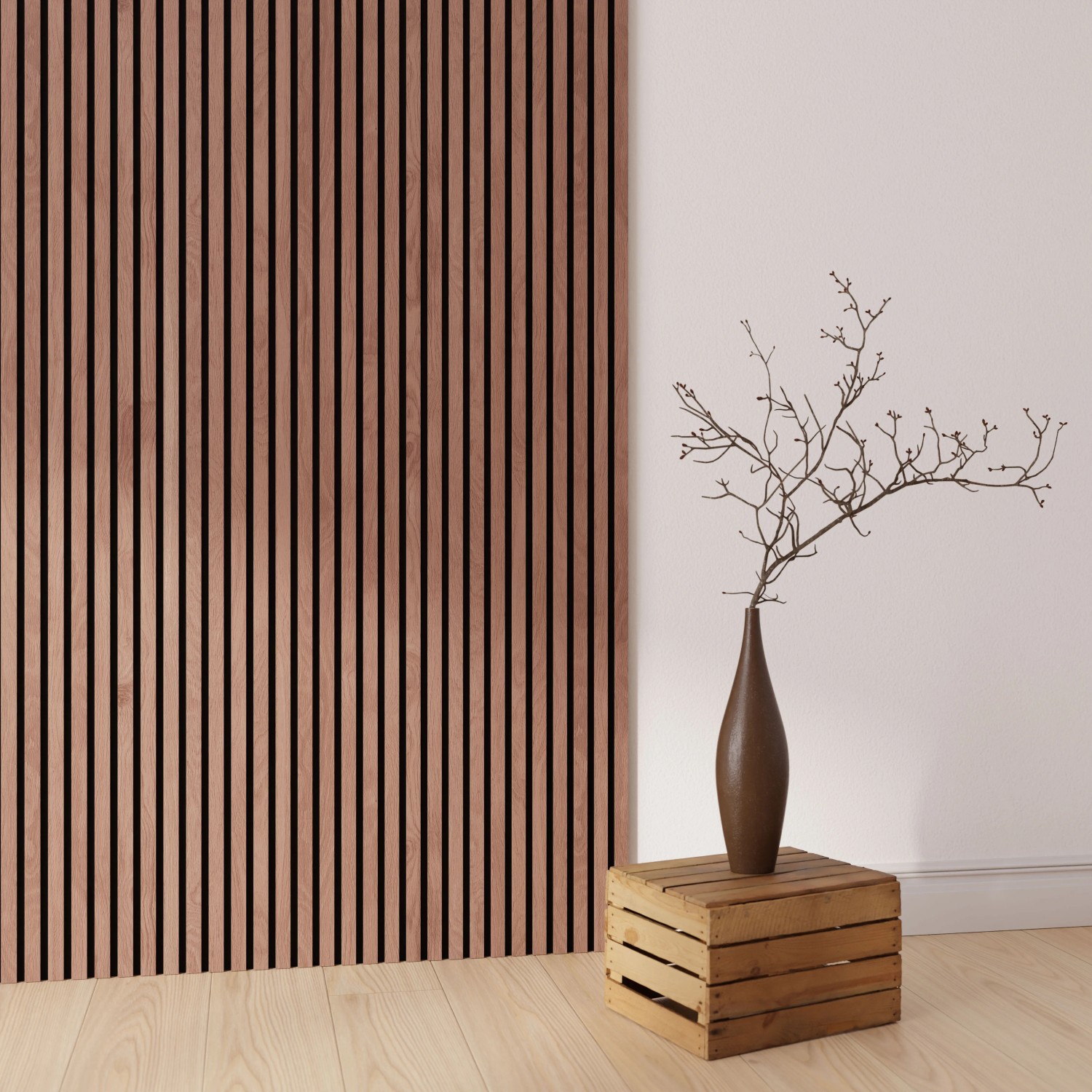 Akustikpaneel Wandverkleidung Walnuss Natur mit schwarzem Akustikfilz, 240 cm hoch.