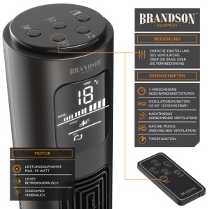 Brandson Turmventilator 96cm, aschgrau, mit Display und Fernbedienung. Mobiler Ventilator für eine gute Luftzirkulation.