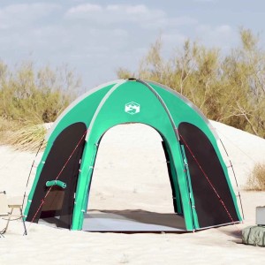 Meergrünes Poolzelt mit schwarzem Seitenbereich und Kuppeldach auf Sand. Vielseitiger Outdoor-Pavillon.