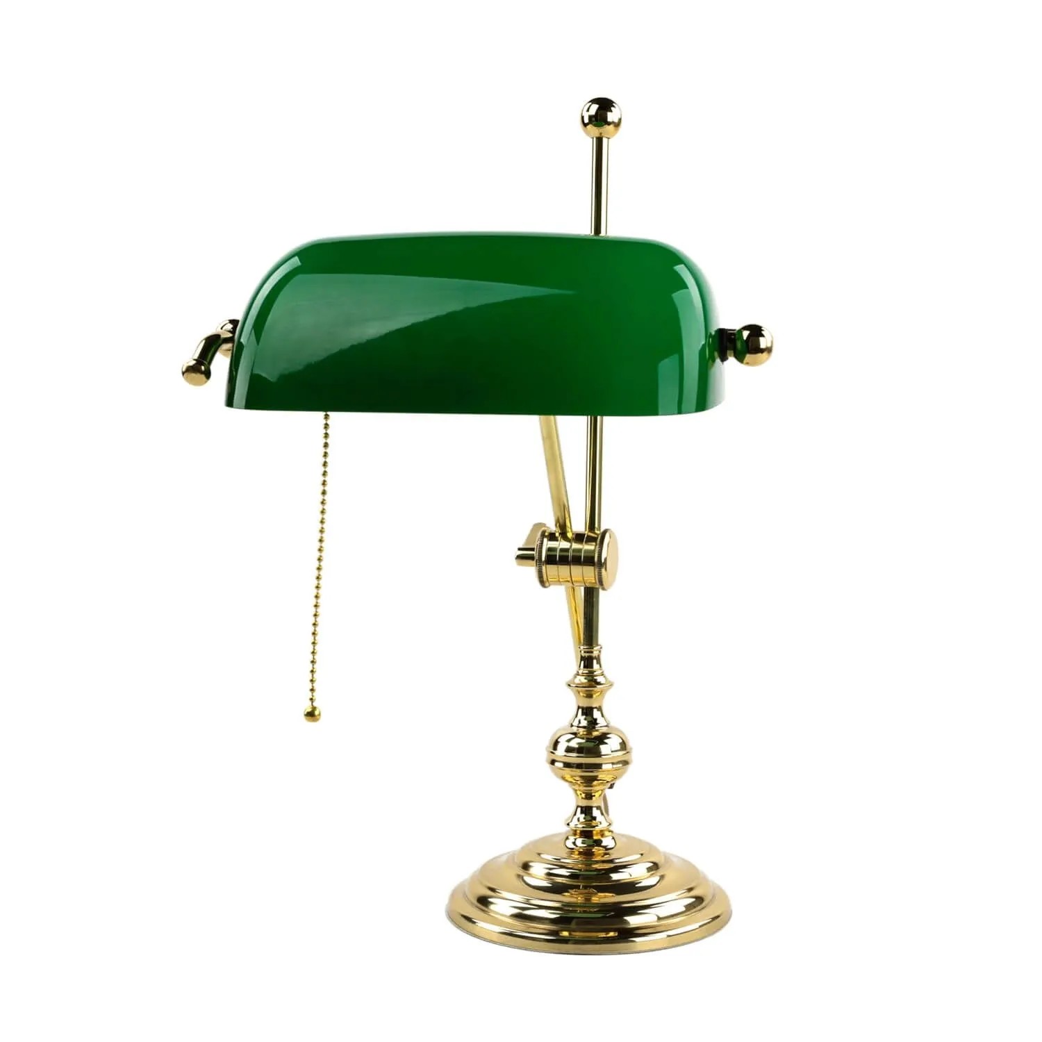 Licht-Erlebnisse Bankerleuchte Grün Massiv Messing Glas 47 cm E27 Zugschalter