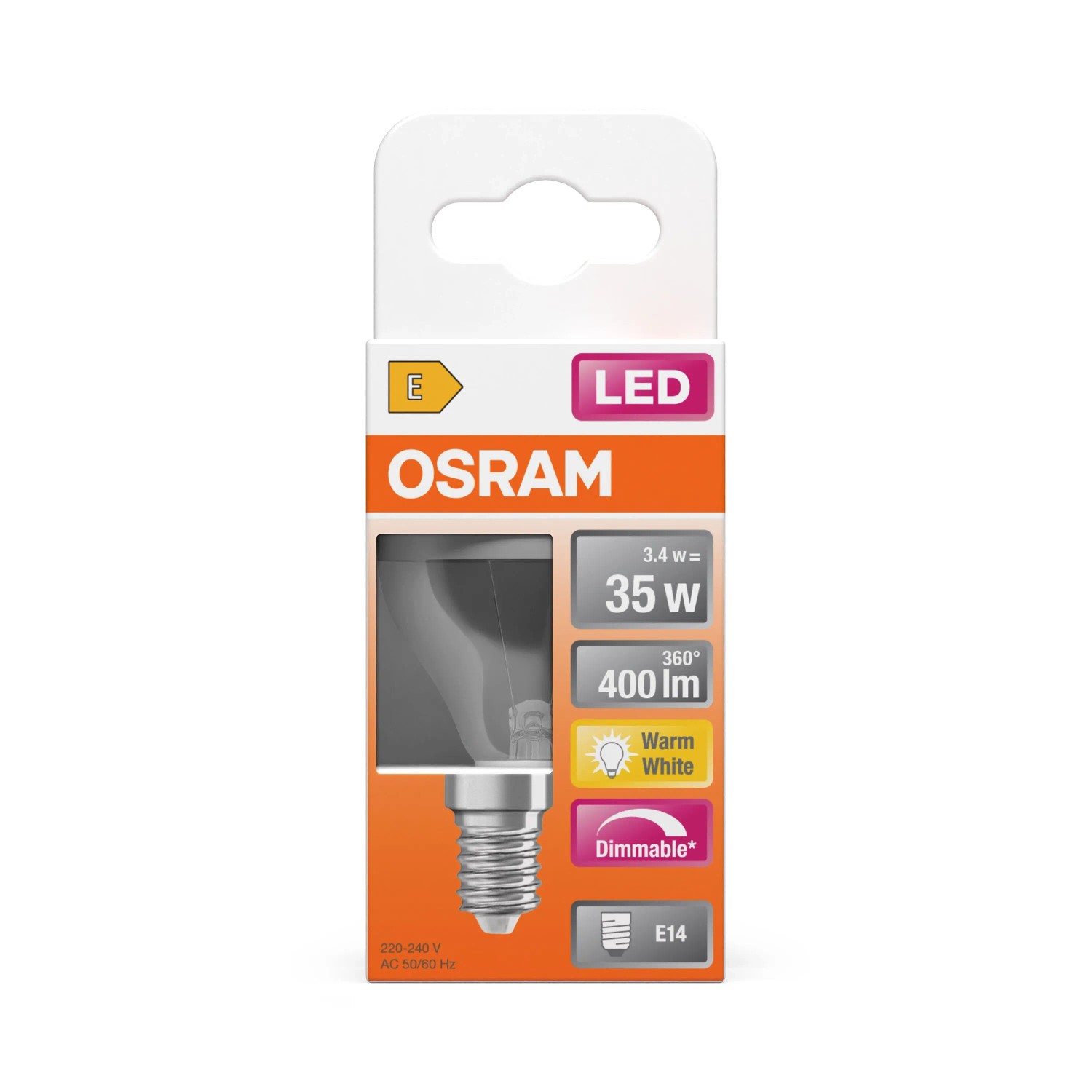 Osram E14 LED-Leuchtmittel P35 Tropfenform, dimmbar, warmweiß 2700K, 3.4W (35W), in Verpackung.