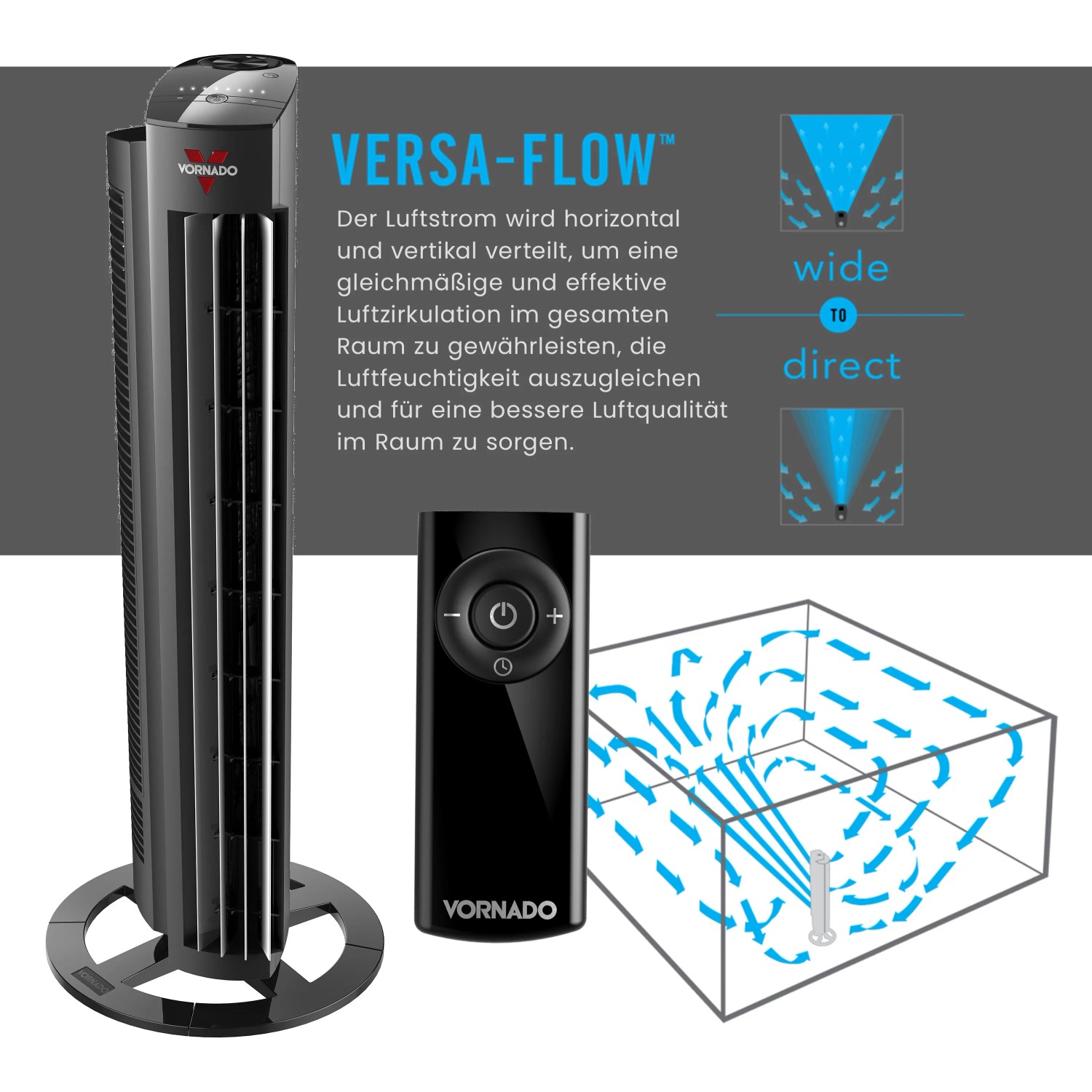 Schwarzer Vornado Tower M Standventilator mit Fernbedienung und Versa-Flow Luftzirkulation.