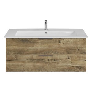 Steinkamp Einzelwaschtisch mit Eiche Ribbeck Dekor und Villeroy & Boch Venticello Waschtisch.