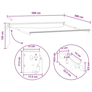 Maßzeichnung der elektrischen Auszieh-Markise. Details zu 500x300 cm Maßen, Motor und Fernbedienung.