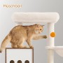 Katze spielt mit Plüschball an braunem Feandrea Kratzbaum mit Katzenklo-Schrank (180 cm).