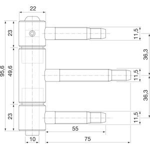 Sfs Herkula-Band 3-teilig ø 22 mm, Stahl vernickelt. Technische Zeichnung mit Aushängesicherung und Maßen.
