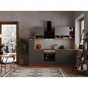 Respekta Küchenzeile 250 cm in Grau und Wildeiche Nachbildung mit E-Geräten.