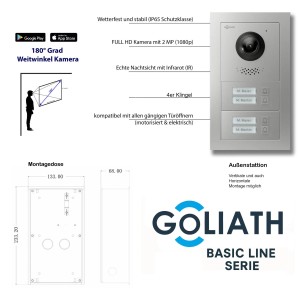 Goliath Basic Line 4-Familienhaus Video Türsprechanlage Monitor Schwarz - Silber Ausenstation Aufputz Dose