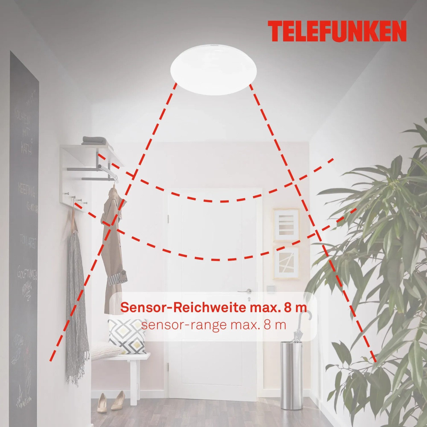 Telefunken LED-Deckenleuchte Apollon, Ø 40 cm, Weiß, mit Sensor im Flur. Reichweite: 8m.