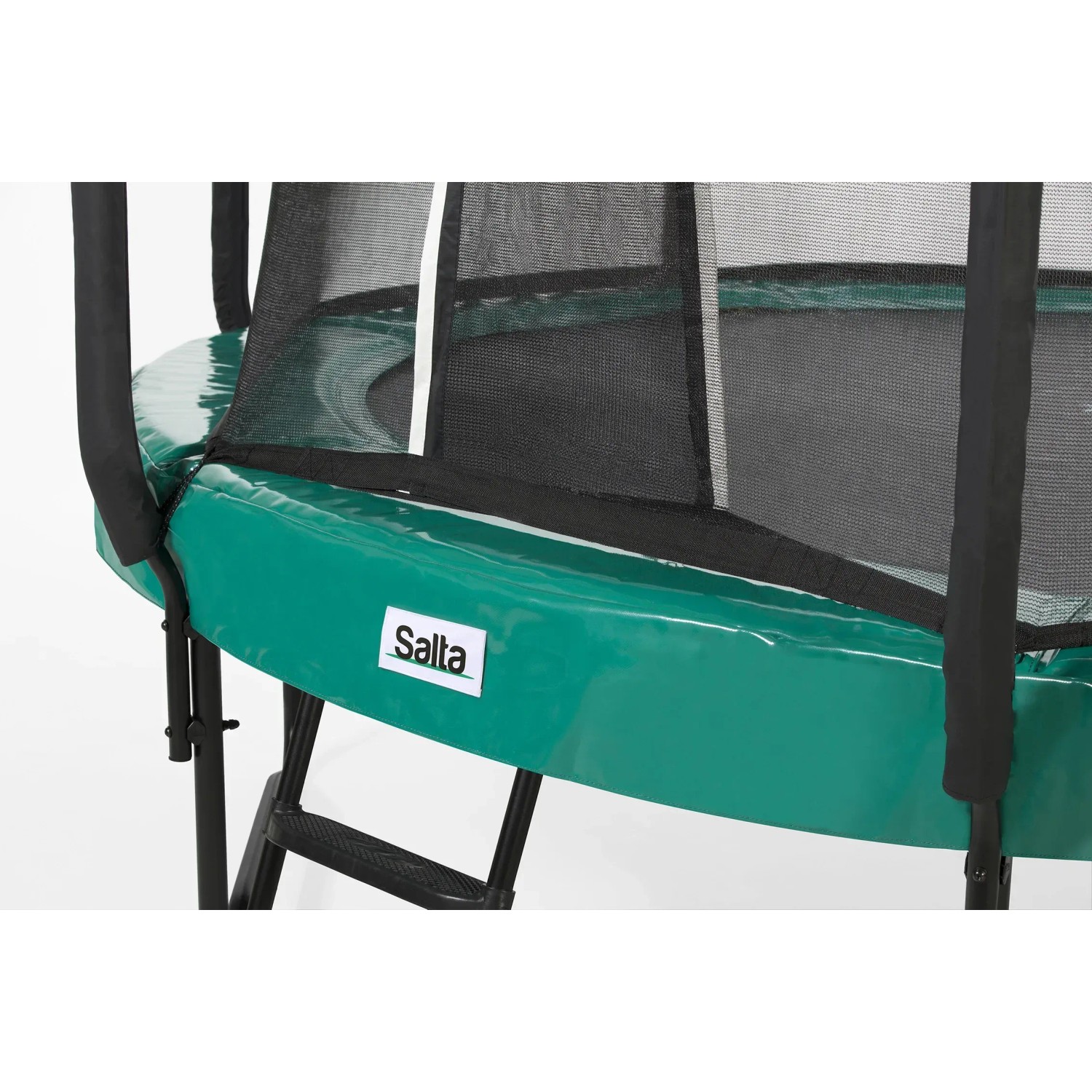Detailaufnahme: Grünes Salta Trampolin First Class ø 305 cm mit Sicherheitsnetz und Leiter.