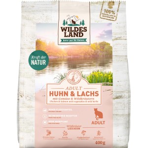 Wildes Land Katzen-Trockenfutter Huhn & Lachs, 400g Packung.