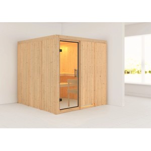 Karibu Sauna Rikka Natur: Elementsauna mit Glastür, Bänken und Ofenschutzgitter aus hellem Holz.