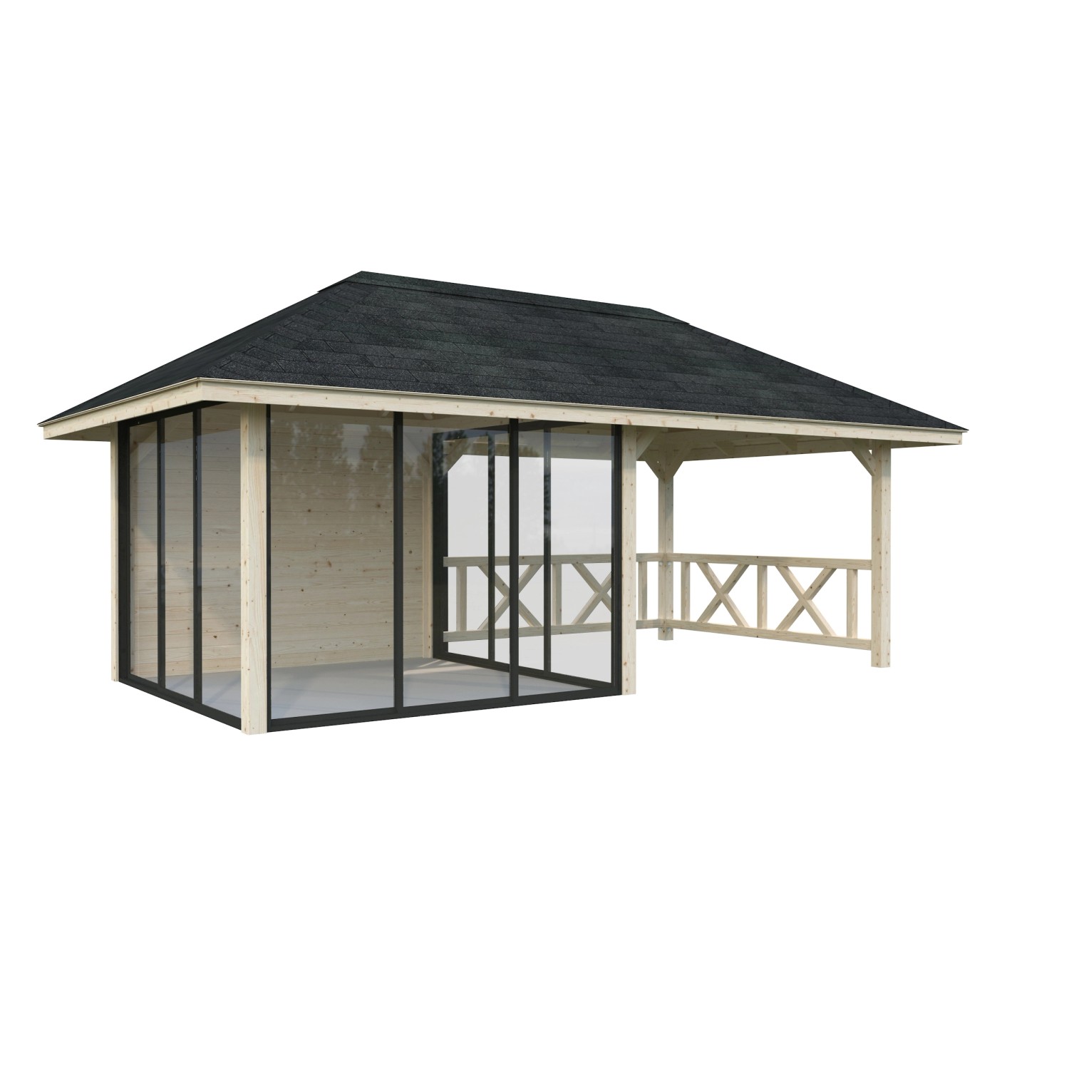 Palmako Pavillon Bianca Set204: Holzpavillon mit Schiebetüren und überdachtem Freisitz.
