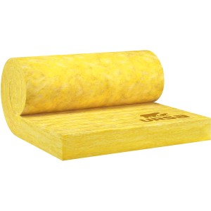 Ursa Home Klemmfilz Dämmplatte aus Glaswolle, 180 mm stark, aufgerollt.
