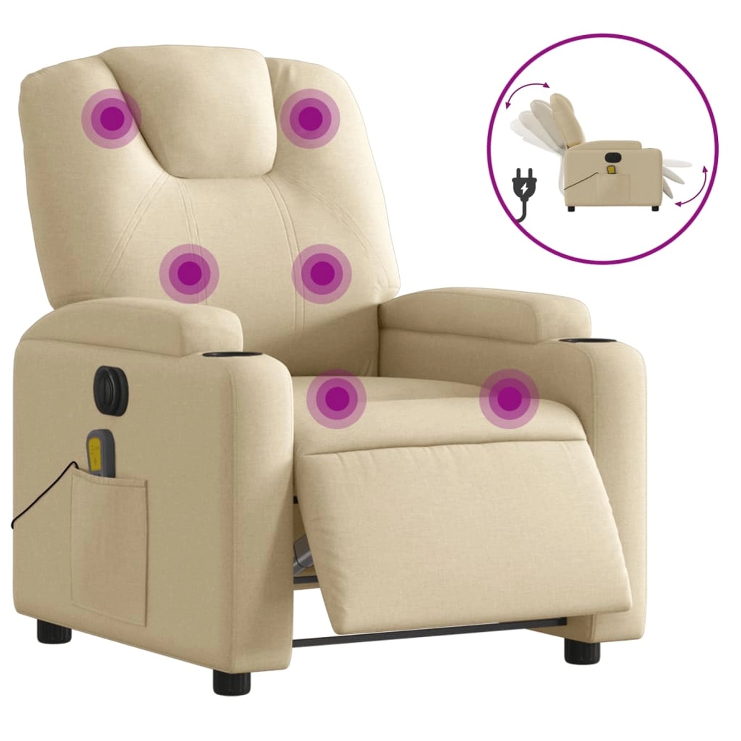 Elektrischer Massagesessel in Creme mit Getränkehalter und Vibrationsmassage.