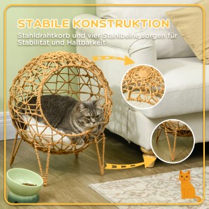 Katzenkorb aus Rattan von Pawhut mit Kissen und erhöhtem Design. Katze liegt entspannt im Korb.
