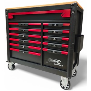Schwarzer DeTec. Werkstattwagen Heavy Duty mit Holzplatte, 12 roten Schubladen und Rollen. Robuster Werkzeugschrank.