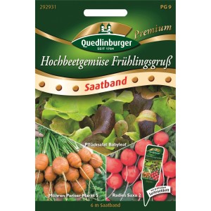 Quedlinburger Saatband Hochbeetgemüse Frühlingsgruß mit Pflücksalat, Radieschen und Möhren.