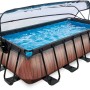 Rechteckiger EXIT Wood Pool in Braun mit Abdeckung und Sandfilterpumpe, 400x200x100 cm.