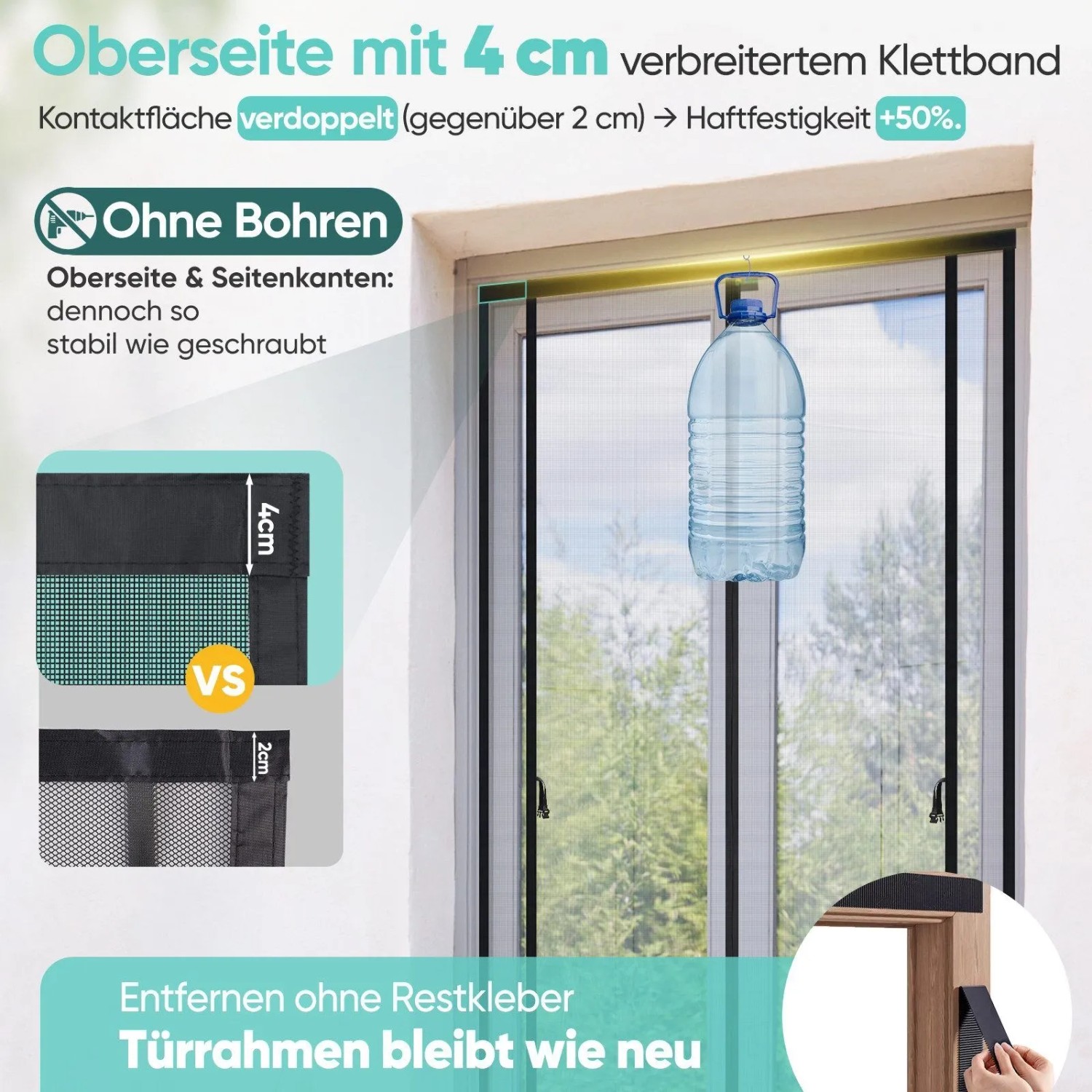 Magnetisches Fliegengitter für Balkontür, ohne Bohren. Zeigt 4cm Klettverschluss, hohe Stabilität & rückstandslose Entfernung.