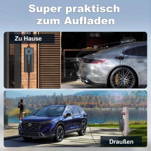 Junsun EV Ladegerät 22kW, 8m Kabel, Typ 2. Zeigt Laden von E-Autos zu Hause und draußen. Vielseitig einsetzbar.