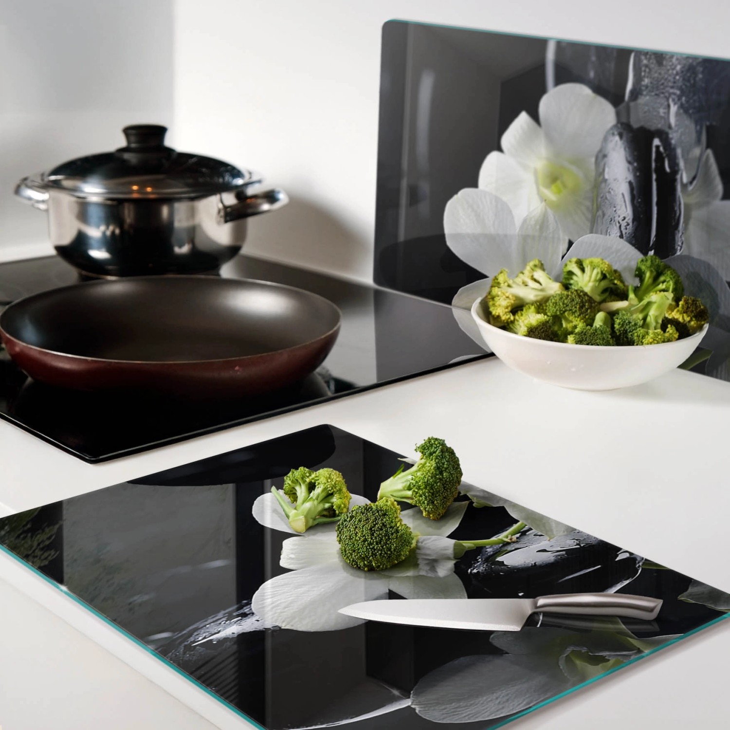 Tulup Herdabdeckplatte SET aus 2 Stück 40x52 cm Schneidebrett Glas Schutzplatte Küchenutensilien Abdeckung Orchidee_3