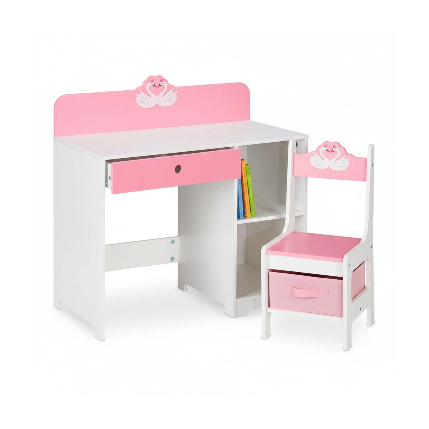 Relaxdays Kinder Schreibtisch und Stuhl MDF Weiß Rosa Mit Schwanenmotiv 79,5 cm x 80 cm x 40 cm