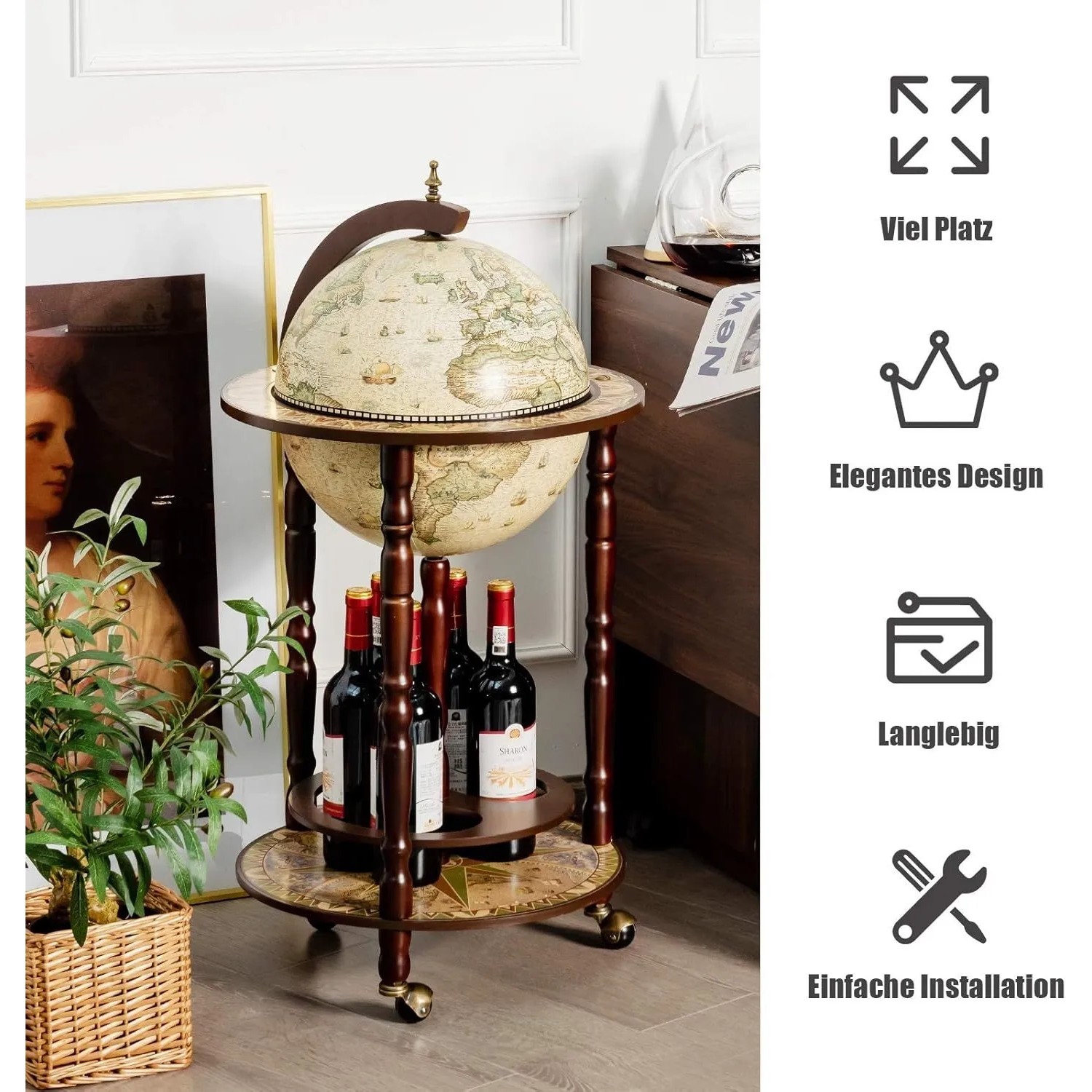 Costway Globusbar Barwagen Hausbar Servierwagen mit Rollen Beige_4