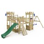 Wickey Spielturm Smart Arch mit grüner Rutsche, Schaukel und Kletterwand.