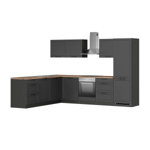 Moderne Held Winkelküche Kempten, 300 cm, Graphit/Grau mit E-Geräten und Arbeitsplatte in Holzoptik.